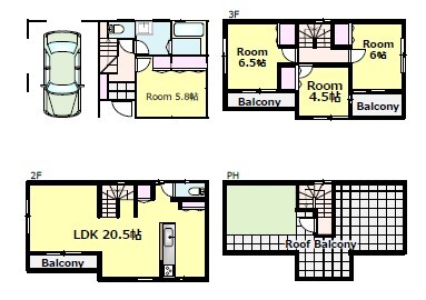 屋上庭園付き3階建て参考プラン